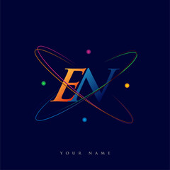 initial letter EN logotype science icon colored blue, red, green and yellow swoosh design. vector logo for business and company identity.