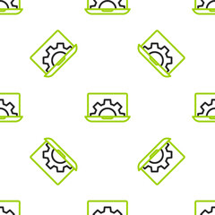 Line Software, web development, programming concept icon isolated seamless pattern on white background. Programming language and program code on screen laptop. Vector