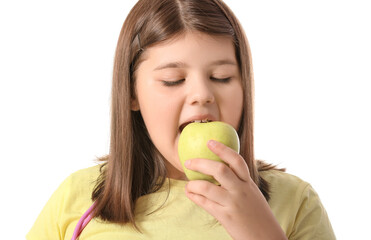 Wall Mural - Overweight girl eating healthy apple on white background