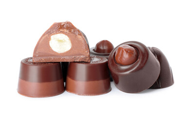 Wall Mural - Tasty chocolate candies on white background