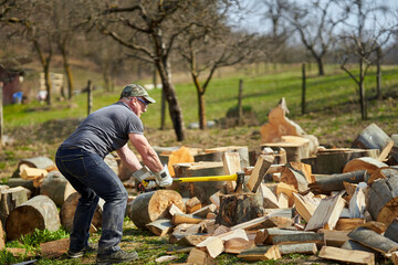 Poster - Strong woodman splitting logs