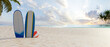 © bongkarn - 3D rendering, summer beach concept, beautiful beach with two surfboards on the sand
