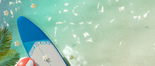 3D Rendering, Top View Of Surfboard, Ball And Palm Leaves On Tropical Clear Water With Copy Space
