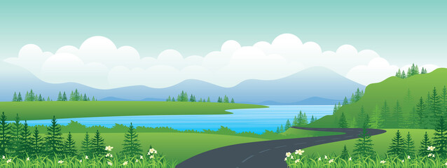 panoramic landscape cartoon illustration, natural banner, beautiful rural scenery, summer panorama, 