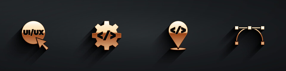 Set UI or UX design, Front end development, and Bezier curve icon with long shadow. Vector