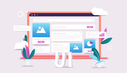 Aufkleber - UI design profession concept- Laptop computer with screen full of user interface elements. Web design and layout concept in editable 3d vector illustration.