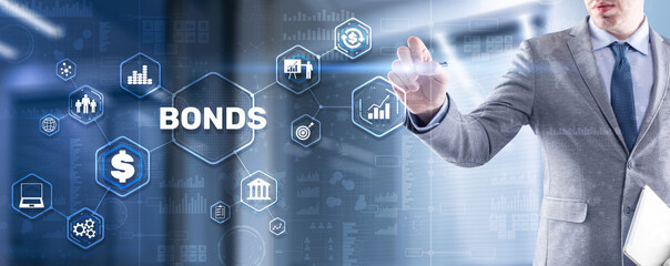 Canvas Print - Businessman clicks a bonds virtual screen. Bond Finance Banking Technology concept. Trade Market Network