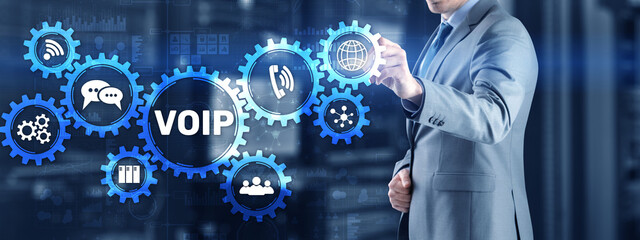 Sticker - voip voice over ip. businessman pressing virtual screen voice over internet protocol