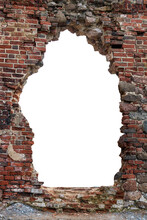 Old Wall With A Red Brick Hole In The Middle. Isolated On White Background. Vertical Frame. Grunge Frame