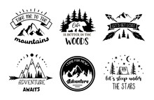 Set of adventure emblem designs. Vector travel quote. Explore sign label. Tourism badge. Outdoor summer design elements. wanderlust symbol, print for shirt.