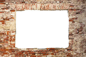 Canvas Print - destroyed wall of old bricks with a hole in the middle. isolated on white background. grunge frame. horizontal frame