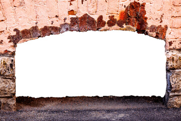 Canvas Print - wall of old red brick with a hole. isolated on white background. grunge frame. horizontal frame