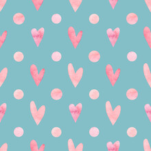 Mint Watercolor Pattern Polka Dots And Pink Hearts