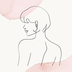 Wall Mural - Woman's upper body line art illustration on pink pastel watercolor background