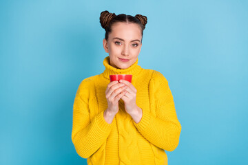 Sticker - Portrait of pretty person hands hold coffee cup smile look camera wear pullover isolated on blue color background