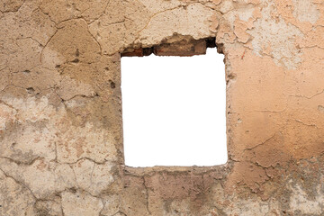 Poster - an old yellow wall with a hole in the middle. isolated on a white background