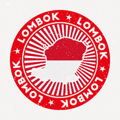 Wall Mural - Lombok round stamp. Logo of island with flag. Vintage badge with circular text and stars, vector illustration.