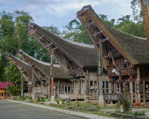 Wall Mural - View of beautiful main street of Kete Kesu village with tongkonan or traditional houses, near Rantepao, Tana Toraja, South Sulawesi, Indonesia