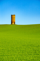 Wilder's Folly, a brick built structure, stands and the distance in a green field against a vibrant blue sky