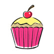 Sketchy cupcake illustration with a cherry on top, hand drawn vector in a doodle style. 