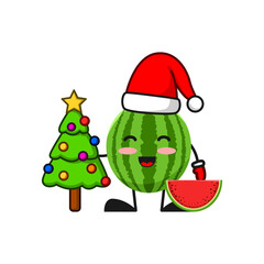 vector illustration of cute watermelon fruit christmas or character holding tree. cute watermelon fruit Concept White Isolated. Flat Cartoon Style Suitable for Landing Page, Banner, Flyer, Sticker.