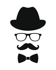 Wall Mural - Hipster style graphic accessory set. Hat, glasses, mustache and bow tie signs isolated on white background. Vector illustration