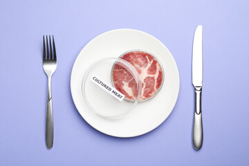 Wall Mural - Cultured meat in Petri dish served on pale purple background, flat lay