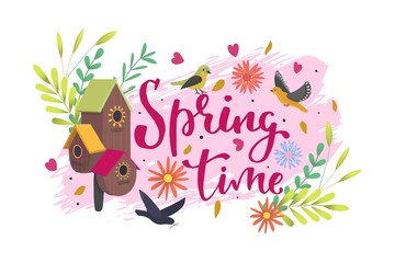  Spring time banner, vector illustration. Poster with lettering text design, graphic season greeting at card. Cartoon bird, nature decoration