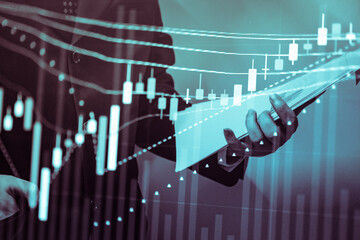 Stock market data on digital LED display. Fundamental and technical analysis with candle stick graph chart of stock market trading to represent about Bullish and Bearish point.	
