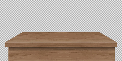 Wooden table foreground, tabletop front view, brown rustic countertop of wood surface. Retro dining desk or plank texture isolated on transparent background, realistic 3d vector mock up