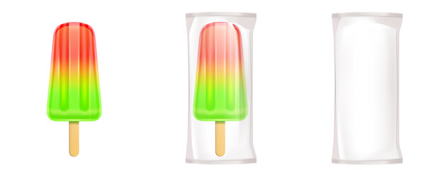 Wall Mural - Fruit ice cream in package, lolly on stick, frozen fruity popsicle. Packed colorful green, yellow and red summer dessert made of fresh juice isolated on white background. Realistic 3d vector icons set