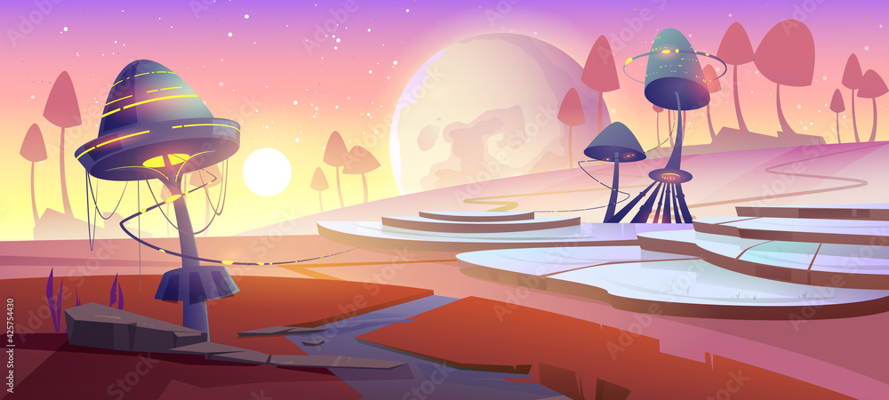 Fantasy landscape with magic glowing mushrooms and plants at sunset. Vector cartoon illustration of fantastic alien nature with giant toadstools, broom, sun and planet in sky - obrazy, fototapety, plakaty 