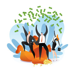 Wall Mural - Money winner, business person success, vector illustration. Cartoon happy man woman character with cash wealth, successful rich finance concept.