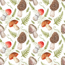 Seamless Pattern With Mushrooms And Leaves. Forest Themed Hand Painted Illustration