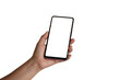 © Arthon - The hand is holding the white screen, the mobile phone is isolated on a white background with the clipping path.