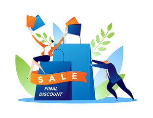 Wall Mural - Final sale, buy fashion goods with discount concept, vector illustration. Business promotion poster, special offer for people character design.