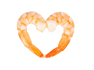 Two peeled shrimps heart love isolated on the white background