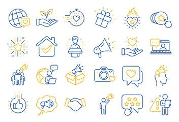 Brand ambassador line icons. Influence people, Megaphone and Representative. Handshake, influencer marketing person, social media like icons. Ambassador person. Brand pr. Line icon set. Vector