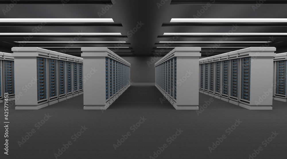 Network and internet communication technology concept, data center interior, server racks with telecommunication equipment in server room - obrazy, fototapety, plakaty 