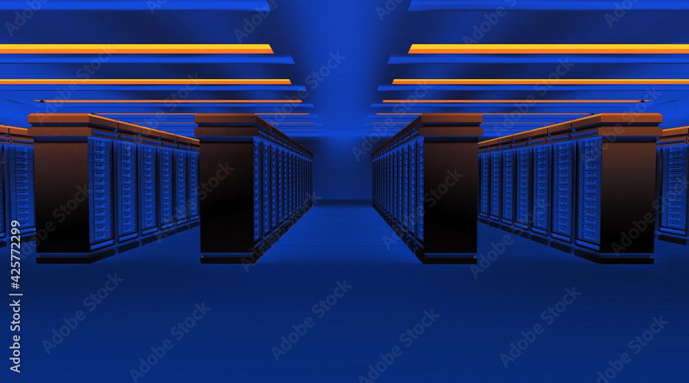 Network and internet communication technology concept, data center interior, server racks with telecommunication equipment in server room - obrazy, fototapety, plakaty 