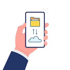 Wall Mural - cloud storage concept. hand holding smartphone with cloud and file on screen. vector illustration.