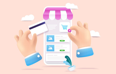 Aufkleber - Online shopping on smartphone - 3d vector illustration of hands using store and paying on web shop. Editable mockup.