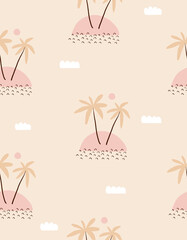 funny hand drawn tropical party seamless vector pattern with palms, clouds and suns isolated on a li