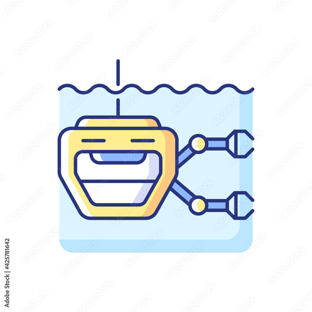 ROV RGB color icon. Remotely operated underwater vehicle is tethered ...