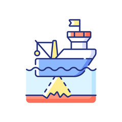 Poster - Seafloor mapping RGB color icon. Pulsing seafloor with series of soundings. Reflected echoes are received by another array of special devices. Isolated vector illustration