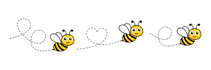 Cartoon happy bees icon set. Bee flying on dotted route collection. Vector illustration isolated on the white background.