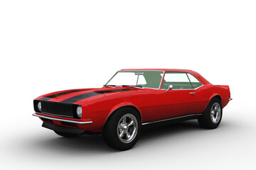 3D render of a red retro American muscle car isolated on white.