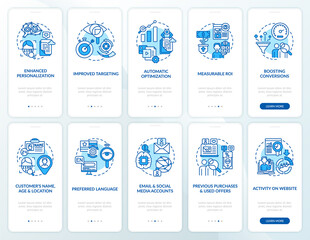 Wall Mural - smart content blue onboarding mobile app page screen with concepts set. targeting strategies walkthr