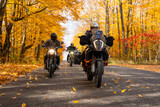 Group of friends riding motorcycles in the fall in Canada