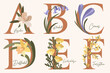 Hand Drawn floral alphabet with spring flowers.Letters A, B, C, D, E, F with flowers azalea, bluebell,crocus,daffodil,forsythia,eschscholzia